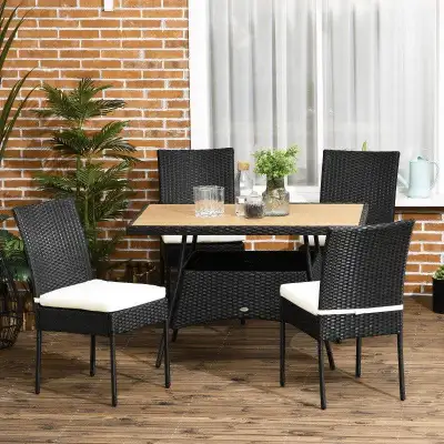 5pc Elegant PE Rattan Wicker Dining Set w Composite Wood-Look Table Outdoor Patio, Black, Cream