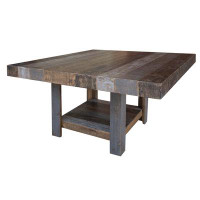 Loon Peak Harsukh 54 Inch Square Dining Table, Open Shelf, Grey, Rustic Brown Pine Wood