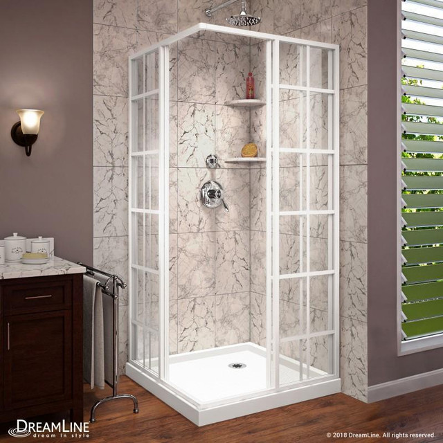 French Corner 36x36 / 42x42 x 74 3/4 H Sliding Shower Enclosure in White & Corner Drain White Base Kit (White or Black) in Plumbing, Sinks, Toilets & Showers - Image 3
