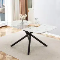 Mercer41 Large Modern Minimalist Rectangular Dining Table With 0.39 "Imitation Marble Black Tabletop And Golden Metal Le