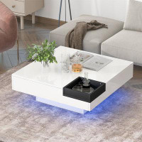 Ivy Bronx Modern Minimalist Design 31.5*31.5In Square Coffee Table With Detachable Tray And Plug-In 16-Color LED Strip L