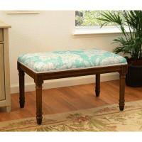 Alcott Hill Aqua Peony Linen Upholstered Bench With Wood Stain Finish And Welting