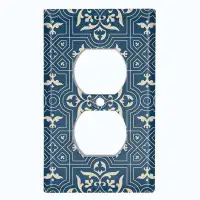 WorldAcc Metal Light Switch Plate Outlet Cover (Vintage Beige Blue Elegant Tile Pattern - Single Toggle)