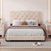 Winston Porter Full Size Upholstered Bed Frame with Rivet Design, Modern Velvet Platform Bed with Tufted Headboard