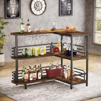 Rubbermaid L-Shaped Home Bar Unit, 3 Tier Liquor Bar Table With Storage Shelves And Wine Glasses Holder, Industrial Corn