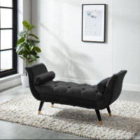 Hi-Line Gift Ltd. Black Button-Tufted Velvet Bench with Nailhead Trim, Metal Legs, And Two Pillows
