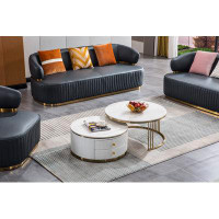 Everly Quinn Modern Nesting Mdf Coffee Table Set Of 2, Round White End Table, Sintered Stone Appearance With Gold Finish