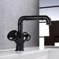 Industrial Pipe Matte Black 1 Hole, 2 Handles Bathroom Faucet (Solid Brass)(also comes in 1 Handle, Vessel Floor Mount)