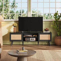 Bayou Breeze Bayou Breeze Rattern Tv Stand For 65 Inch Tv, Mid Century Modern Entainment Center With Rattern Doors, Boho