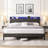 Wrought Studio King Bed Frame with Storage Headboard, Charging Station and LED Lights