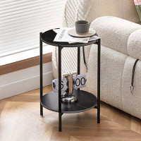 Mercer41 2-Layer End Table With Tempered Glass And  Marble Tabletop, Round Coffee Table With Golden Metal Frame For Bedr