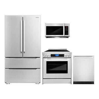 Cosmo 4 Piece Kitchen Package with 30" Microwave 30" Electric Range 24" Dishwasher &  Refrigerator in Refrigerators