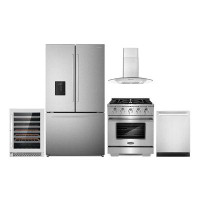 Cosmo 5 Piece Kitchen Package With 30" Freestanding Gas Range 30" Wall Mount Range Hood 24" Built-in Fully Integrated Di