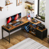 Ebern Designs Home Office Desk With File Drawer & Power Outlet, Computer Desk With 3 Drawer, Storage Shelves, Corner Des
