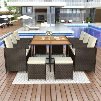 Hokku Designs 11-Piece Patio All-Weather PE Wicker Dining Table Set With Wood Tabletop For 10