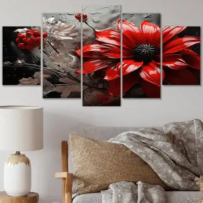 Design Art Red Grey Botanical Symphony II - Abstract Botanicals Metal Art Print Set