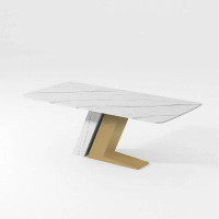 Everly Quinn Modern Luxury White Rectangular Dining Table, Glossy Sintered Stone Tabletop, Z-Shaped  Base