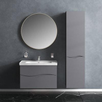 Hokku Designs Modern Wall Mounted Bathroom Vanity With Washbasin | Wave Grey Matte Collection With Side Vanity Cabinet |