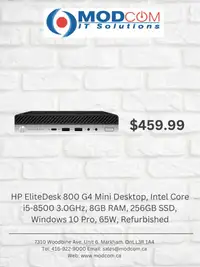 HP EliteDesk 800 G4 Mini Desktop PC, Intel Core i5-8500 3.0GHz, 8GB RAM, 256GB SSD, Windows 10 Pro