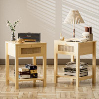 IKIFLY Manel Rattan End Table Set with Storage, Night Stand Bedside Table with Storage Shelf