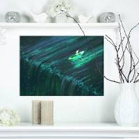East Urban Home 'Green Boat Near Edge of Waterfall' Print on Wrapped Canvas