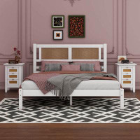 Bay Isle Home™ 3-Pieces Bedroom Sets Queen Size Wooden Platform Bed With Rattan Headboard