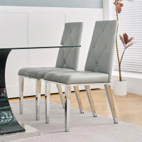 Ivy Bronx Modern Simple Light Luxury Dining Chair White Chair Home Bedroom Stool Back PU Electroplated Chair Legs