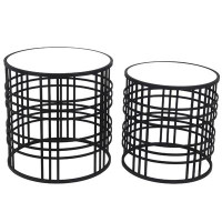 Everly Quinn Mirrored Top Round Accent Table With Open Base, Set Of 2, Black