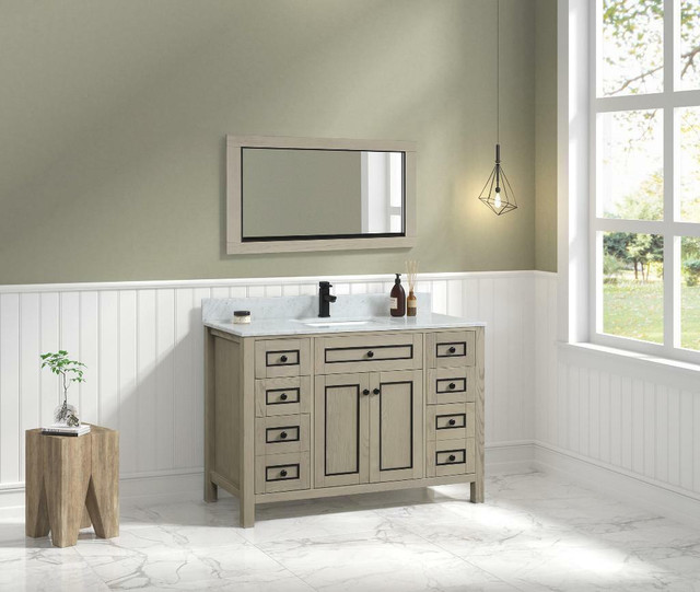 36, 48, 60 & 72 Light Oak with Black Accents Bathroom Vanity w Carrara White Marble ( Dovetail Drawer ) LFC dans Armoires et revêtements de comptoir - Image 3
