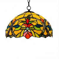 Bloomsbury Market Yellow With Floral Pattern Tiffany Style Stained Glass Hanging Lamp