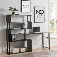 Ivy Bronx Home Office Computer Desk L-Shaped Corner Table, Rotating Computer Table With 5-Storey Bookshelf,Four Installa