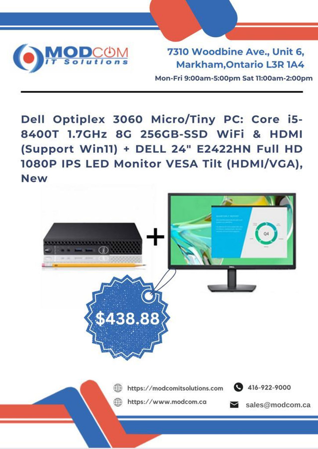 PC OFF LEASE Dell Optiplex 3060 Tiny PC, Core i5-8400T 8GB 256GB-SSD + NEW DELL 24 Full HD LED Monitor For Sale!!! in Desktop Computers