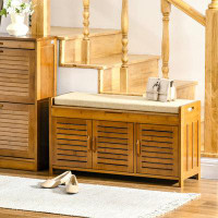 Winston Porter Shoe Bench With Storage Cabinets, Bamboo Entryway Bench With Seating Cushion, 3 Doors And Hidden Compartm