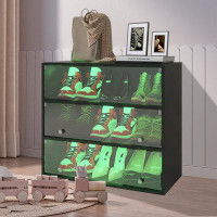 Rebrilliant 9-Pair Black Wooden Stackable Shoe Boxes With Sliding Glass Door And RGB Led Light