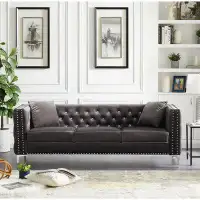 House of Hampton Modern Velvet Sofa Jeweled Buttons Tufted Square Arm Couch Blue,2 Pillows Included