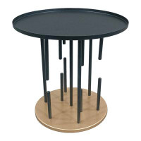 Mercer41 Neci 20 Inch Side End Table, Round Matte Black Tray Top, Modern Rod Supports With Brass Base