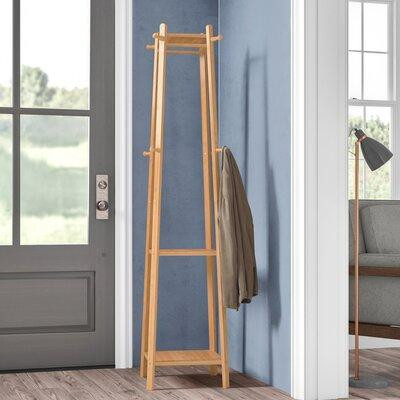 The Twillery Co. Eben Solid Wood 8 - Hook Freestanding Coat Rack with Storage in Light Brown in Other
