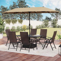 Lark Manor Mix And Match 7-piece Metal Pe Rattan Wicker Folding Outdoor Dining Set With Umbrella, Reclining Chairs