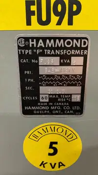 HAMMOND- FU9P 5kVA 546-627V - 120/240V Isolation Transformer Dry Distribution Transformer