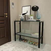 Wrought Studio Console Table Double Layer Tempered Glass Rectangular Porch Table Black Leg Double Layer Glass Tea Table