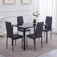 Ebern Designs 5 Piece Kitchen Table And Chairs With Black Tempered Glass Table Top And 4 Black Pvc Leather Metal Frame C