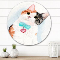 East Urban Home White Cat With A Heart Pendant - Traditional Metal Circle Wall Art