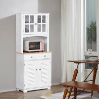 Winston Porter Winston Porter 67" Modern Buffet With Hutch, Louvered Kitchen Pantry Microwave Cabinet With Framed Glass