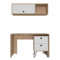 FMF Cartagena Office Set with 2 Drawer Desk and Wall Cabinet, Light Oak/ White