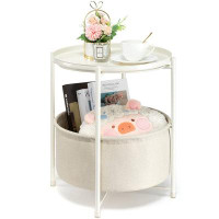 Latitude Run® Round Side Table With Fabric Storage Basket, Metal Side Table Small Bedside Table Nightstand With Removabl