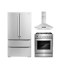 Cosmo 3 Piece Kitchen Package With 30" Freestanding Gas Range 30" Wall Mount Range Hood 36" French Door Refrigerator