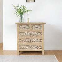 Bungalow Rose Vintage Hand Carved Chest Of Drawers; Old Craftsmanship; With 5 Drawers; Antique Brown