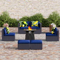 Lark Manor Rattan Wicker Sectional Sofa With Gas Fire Pit Table 6 Persons