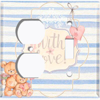 WorldAcc Metal Light Switch Plate Outlet Cover (Teddy Bears With Love Blue White Stripes - (L) Single Duplex / (R) Singl