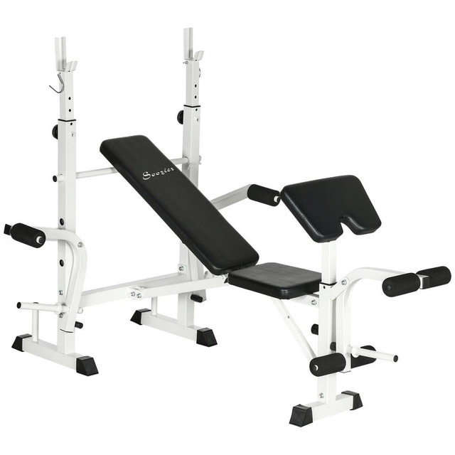 BENCH PRESS SET ADJUSTABLE WEIGHT BENCH WITH SQUAT RACK, PREACHER CURL PAD, LEG DEVELOPER, BUTTERFLY, AND WEIGHT STORAGE in Exercise Equipment